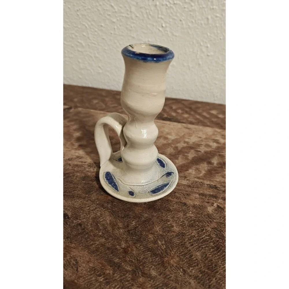 Williamsburg Pottery  Candlestick Holder Salt Glazed Cobalt Blue Leaf Gray